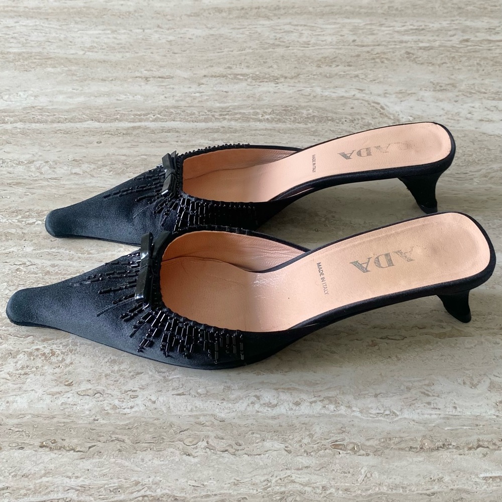 Vintage Prada Satin Beaded Bow Kitten Heel Mules - Picture 3 of 8